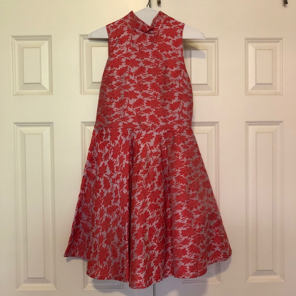 High-neck pink floral mini party dress